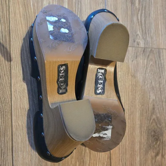 Kork-Ease Black Leather Slip-On Clogs with Tan Wood Heel - Picture 10 of 12